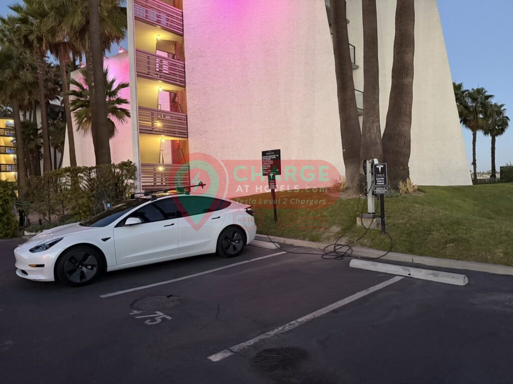 Tesla hotel charging Long Beach at Hotel Maya waterfront with skyline views