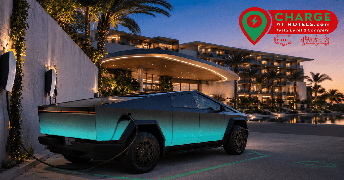 Tesla Cybertruck charging at luxury resort hotel with Tesla Level 2 destination chargers - About CHARGEatHOTELS.com verified directory