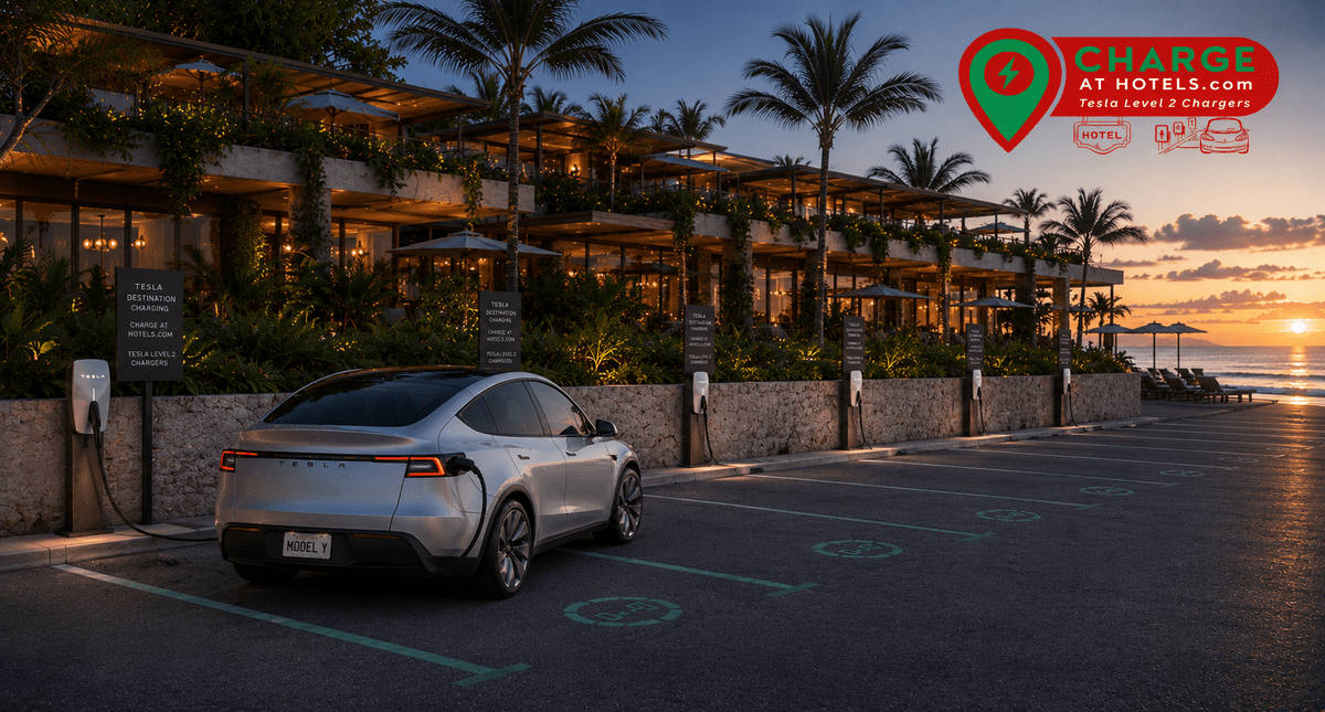 Tesla Model Y plugged into Tesla destination charger at luxury beachfront resort hotel at sunset - Tesla Destination Charging Guide